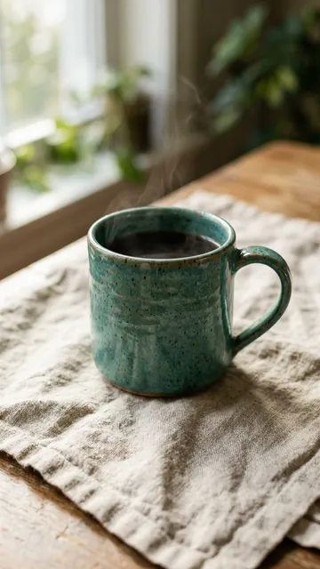 Speckled teal ceramic mug on oatmeal linen in soft morning window light