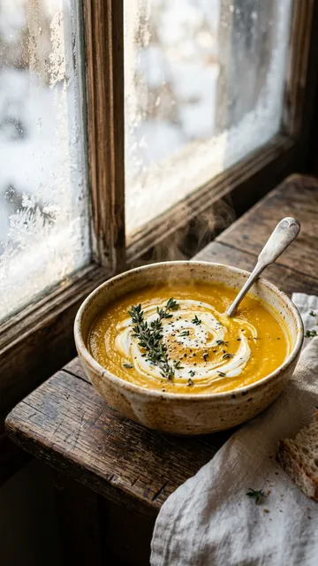 Bowl of pumpkin soup with cream and thyme beside a frosty window in warm light